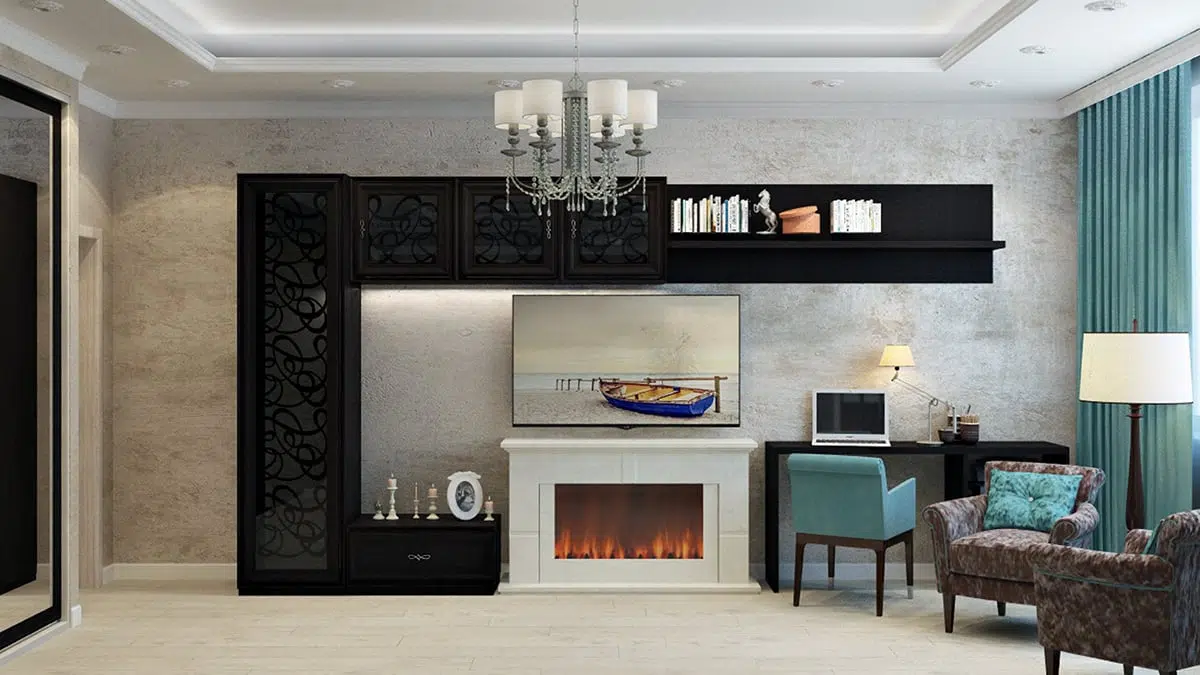 Living room with feature fireplace to illustrate Mackman Research work with Specflue